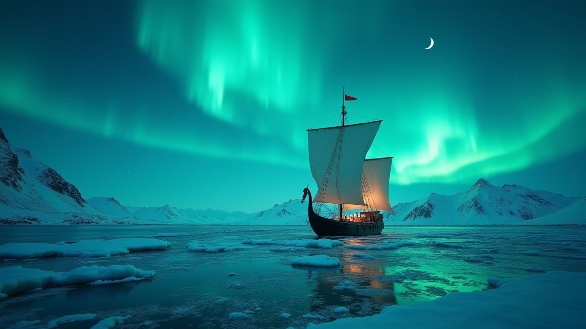 Ein Wikinger-Schiff segelt durch gefrorene Gewässer unter den Nordlichtern.