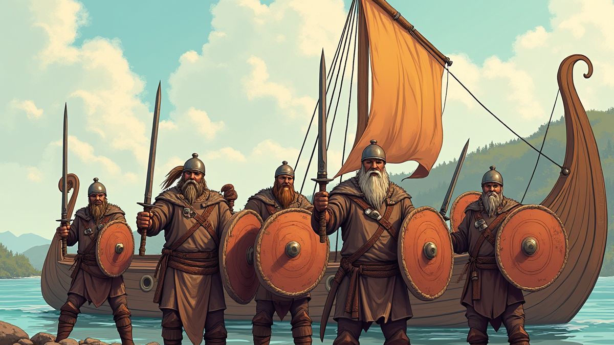 Guerreros vikingos com espadas e escudos perto de um barco de madeira.