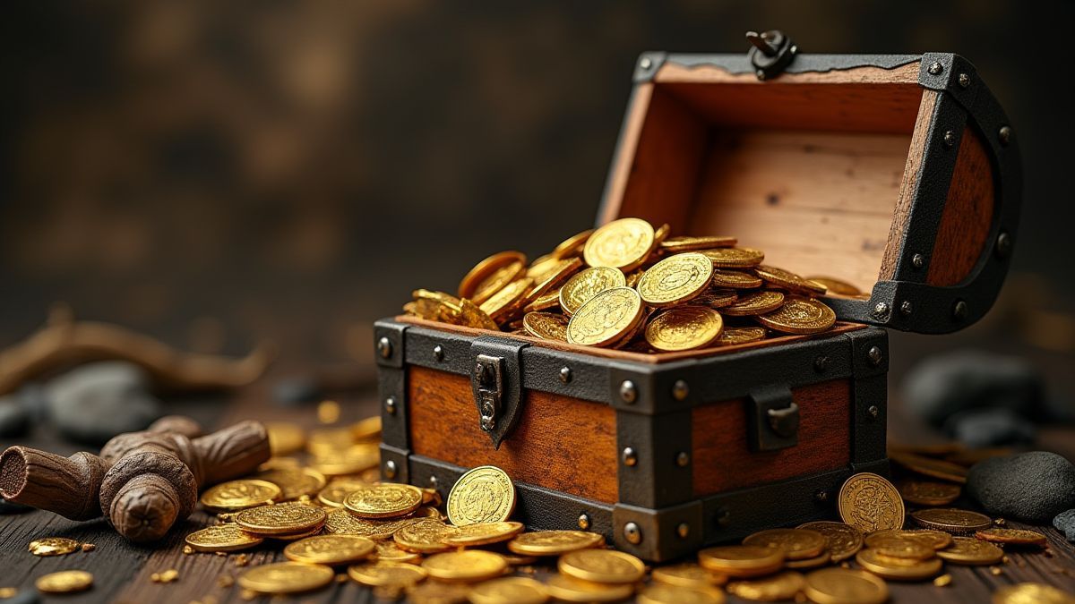 Um cofre do tesouro cheio de moedas de ouro e artefatos vikings.