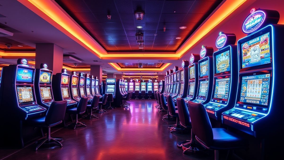 Um cassino moderno com luzes brilhantes e máquinas caça-níqueis digitais.