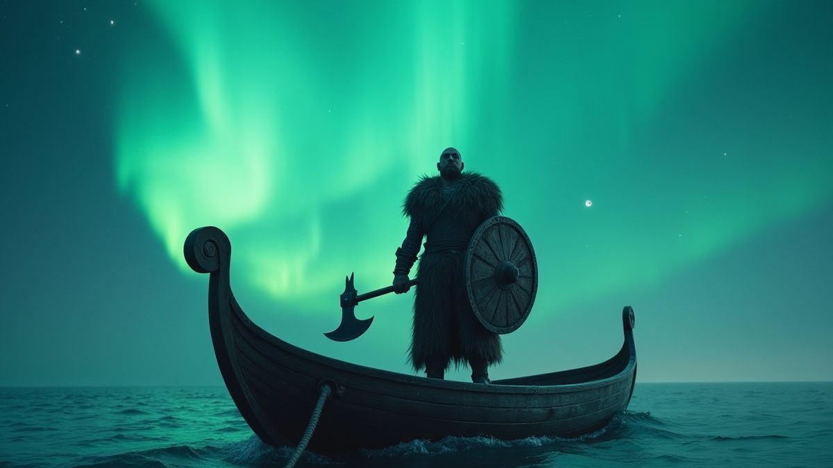 Un guerrero vikingo en su barco bajo las luces del norte.