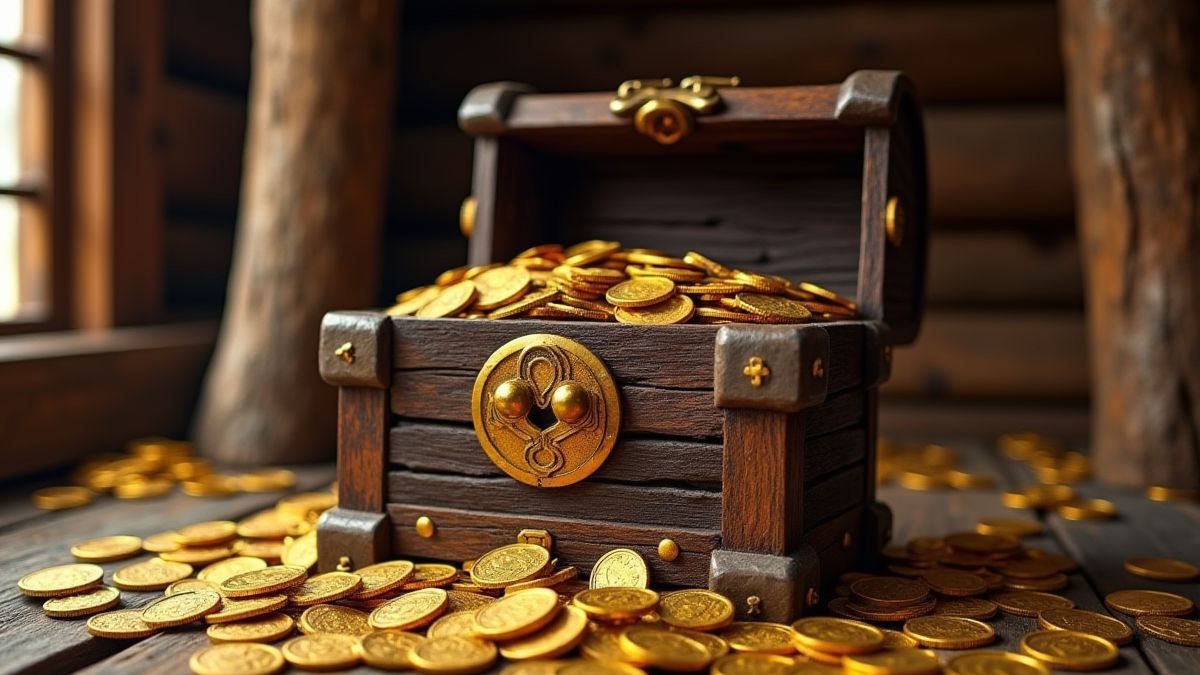 Un cofre lleno de monedas de oro en una casa vikinga.