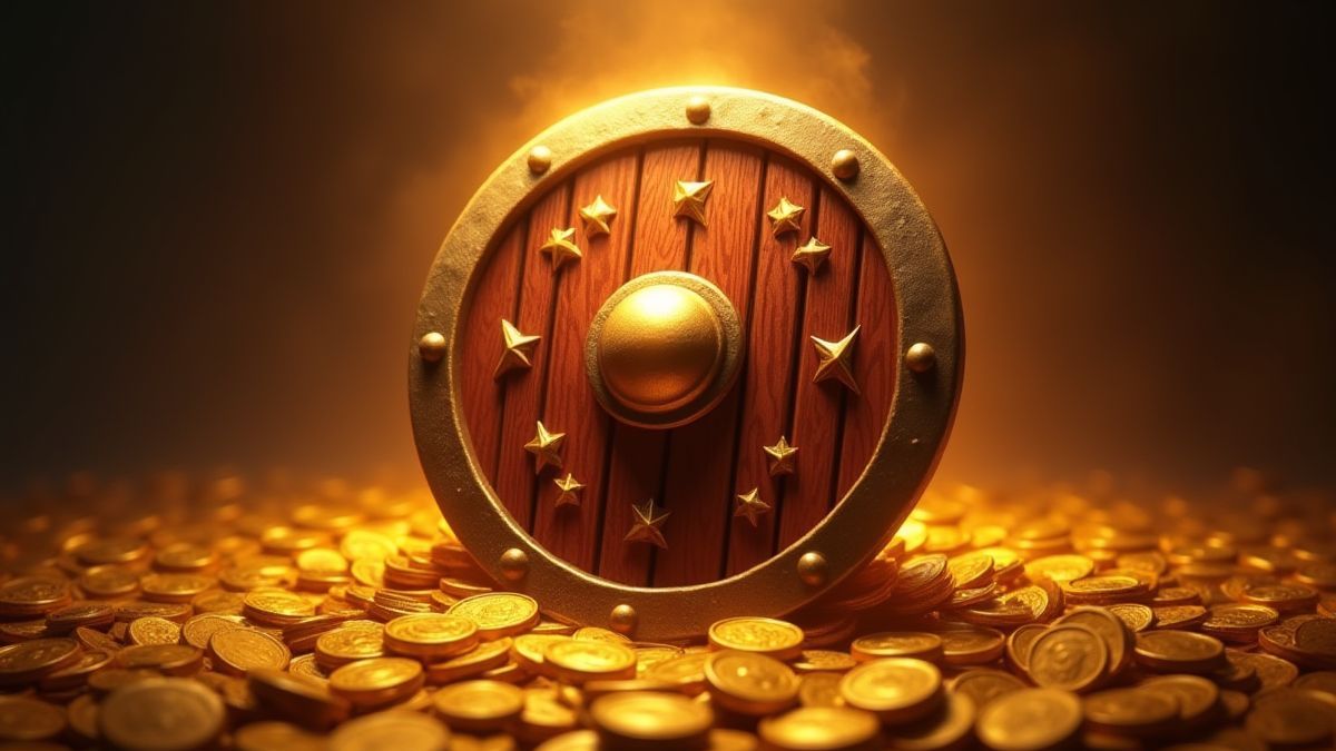 Un escudo vikingo rodeado de monedas doradas simbolizando un jackpot.