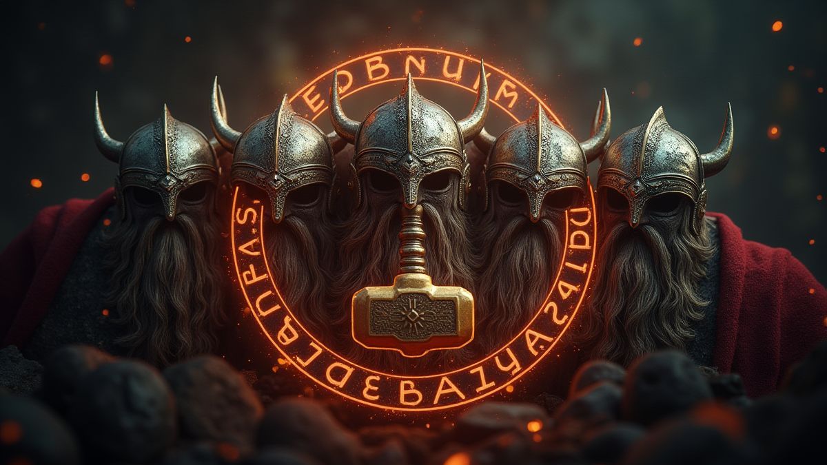 Cascos vikingos y martillos de Thor rodeados de runas brillantes.