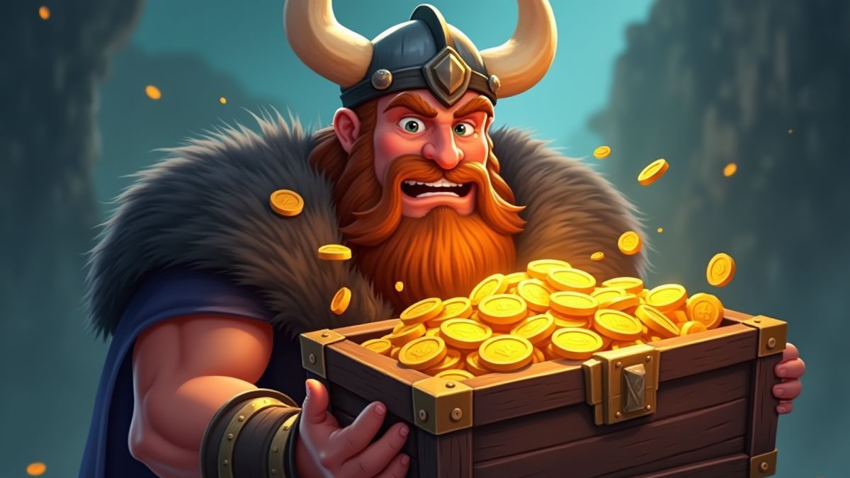 Guerrero vikingo sosteniendo un cofre del tesoro con monedas de oro brillantes.