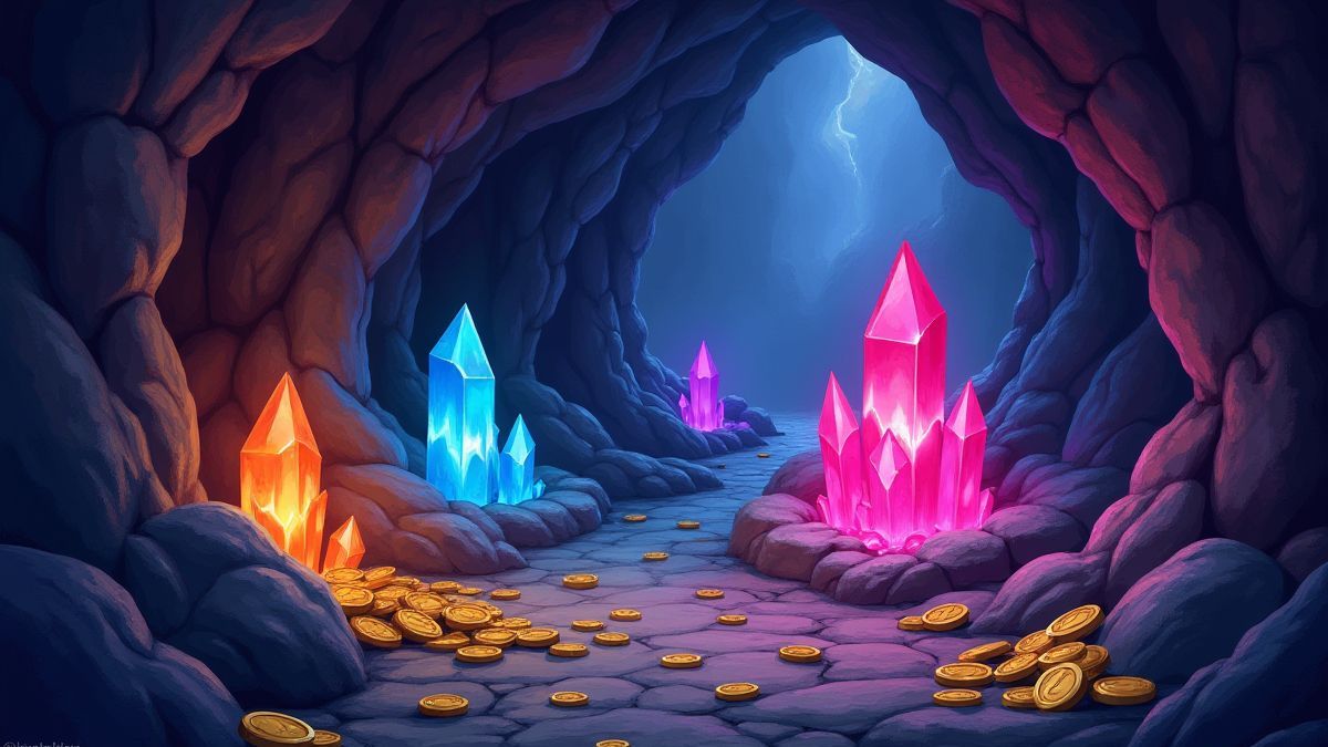 Cueva llena de tesoros con cristales brillantes y monedas de oro.
