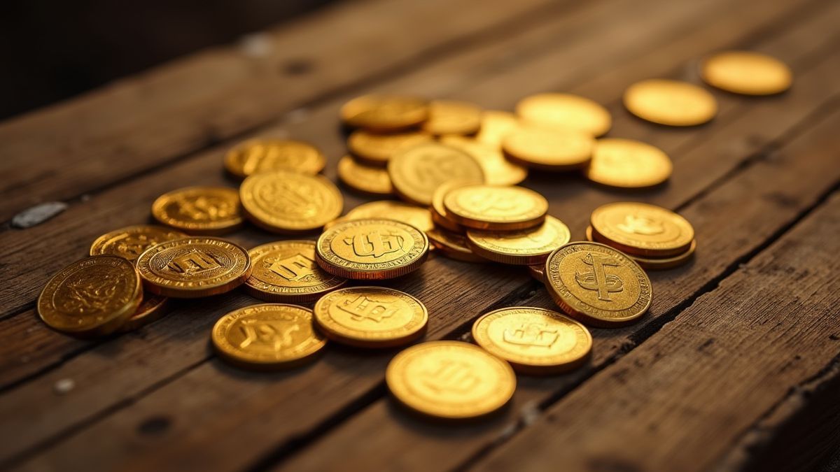 Moedas douradas sobre uma mesa de madeira vikinga.