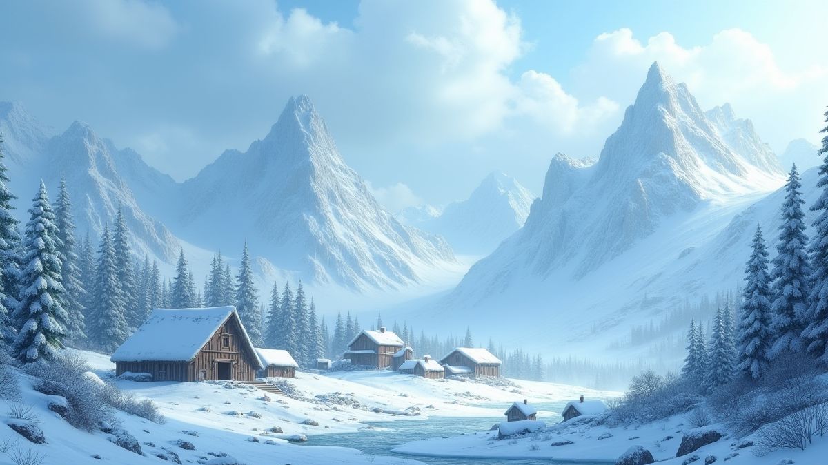 Eiskaltes nordisches Landschaftsbild mit schneebedeckten Bergen und einem Wikinger-Dorf.