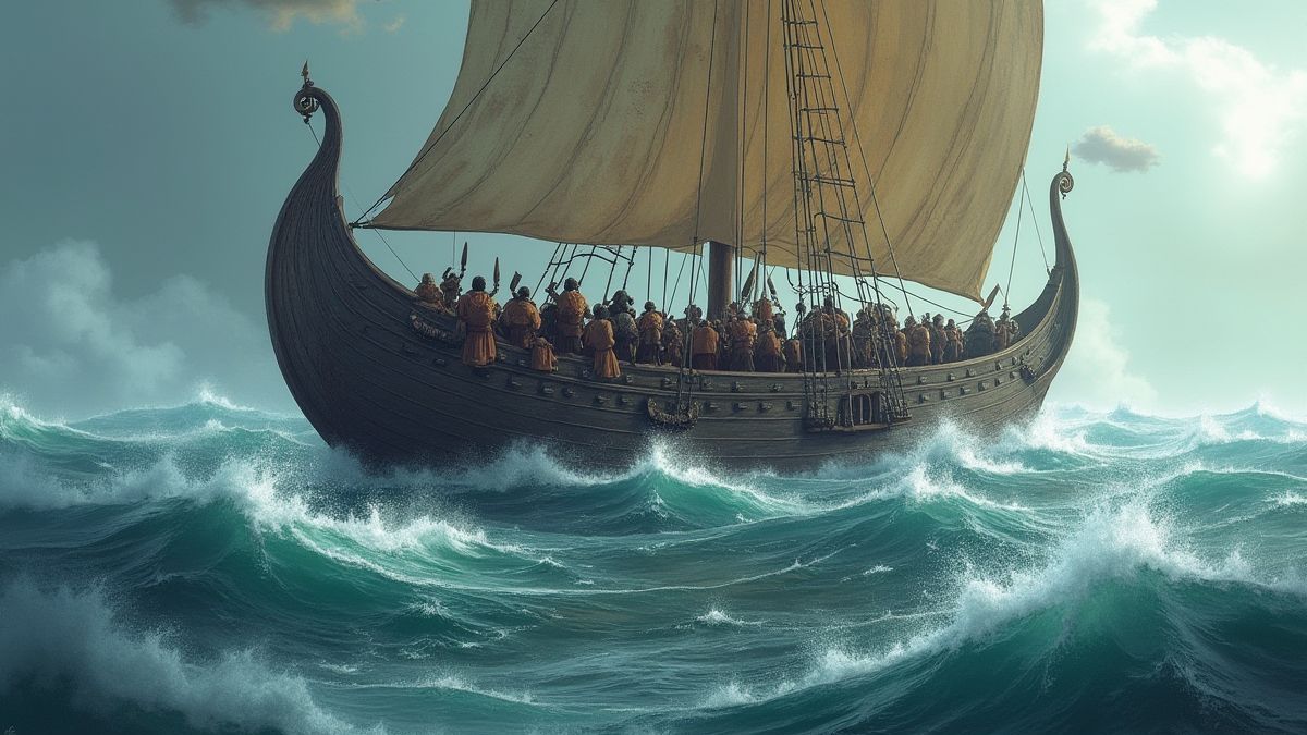Wikinger-Schiff, das in turbulenten Gewässern segelt.