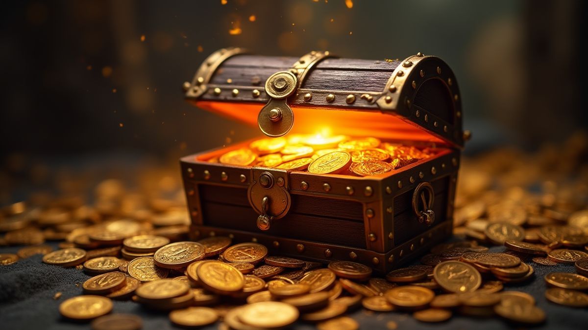 Leuchtende Schatzkiste umgeben von Goldmünzen.
