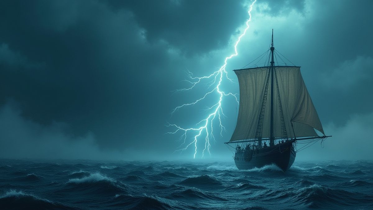 Un bateau vikingo naviguant par des mers tumultueuses.