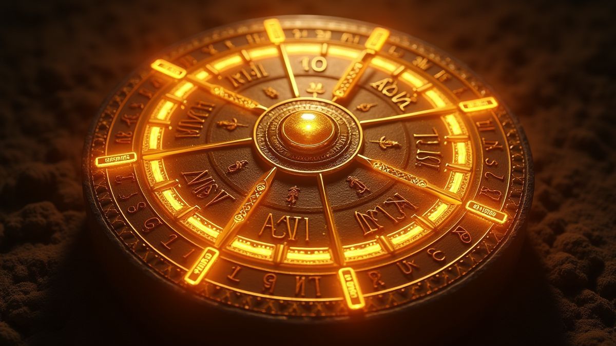 Une roue dorée avec des runes nordiques et des symboles mystiques.