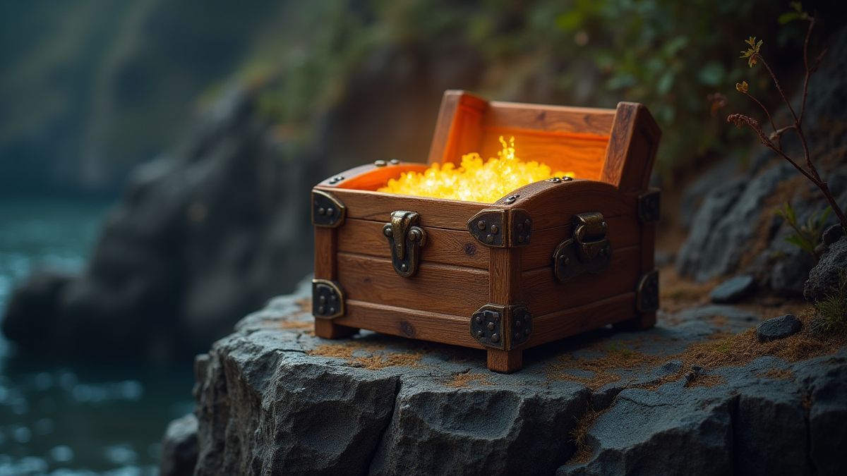 Un coffre au trésor en bois brillant de lumière dorée.