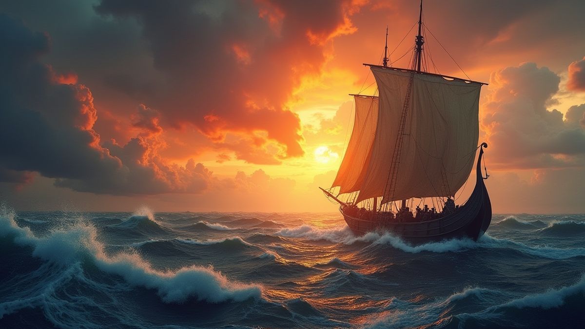 Un barco vikingo enfrentando un mar tormentoso bajo un atardecer dramático.