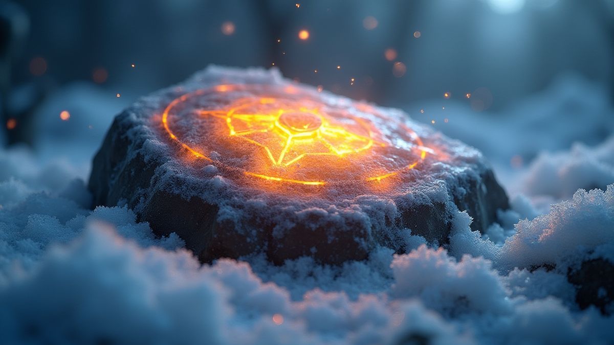 Una piedra rúnica nórdica brillante rodeada de un terreno helado.