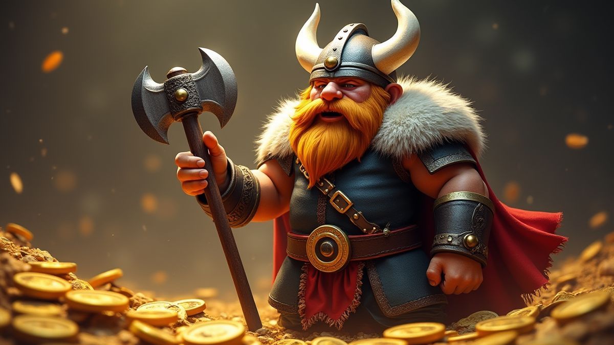 Un guerrero vikingo sosteniendo un hacha brillante entre monedas de oro y tesoros.