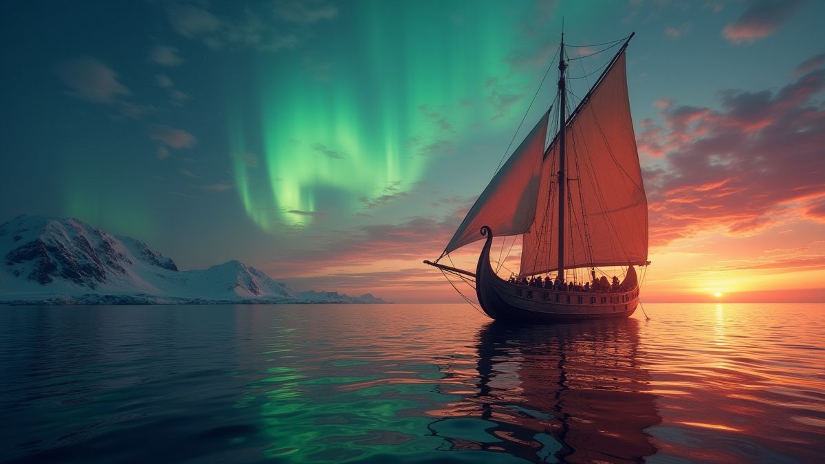 Un barco vikingo navegando al atardecer con auroras brillantes de fondo.