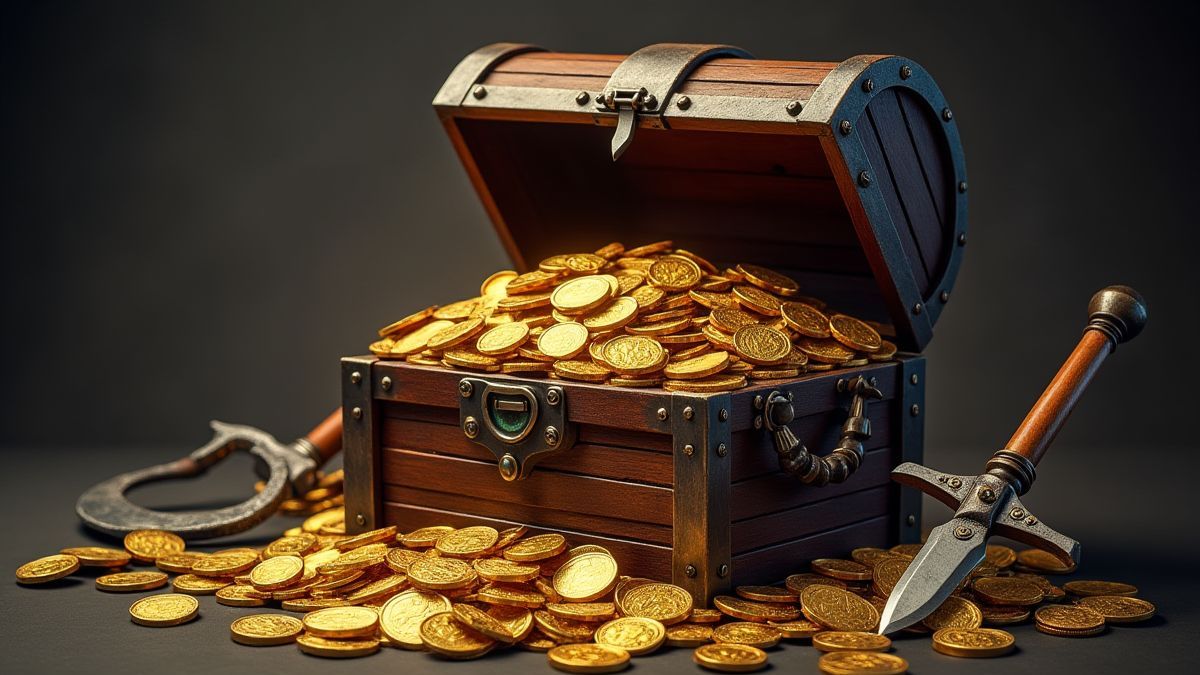 Un cofre del tesoro lleno de monedas de oro y joyas rodeado de armas vikingas.
