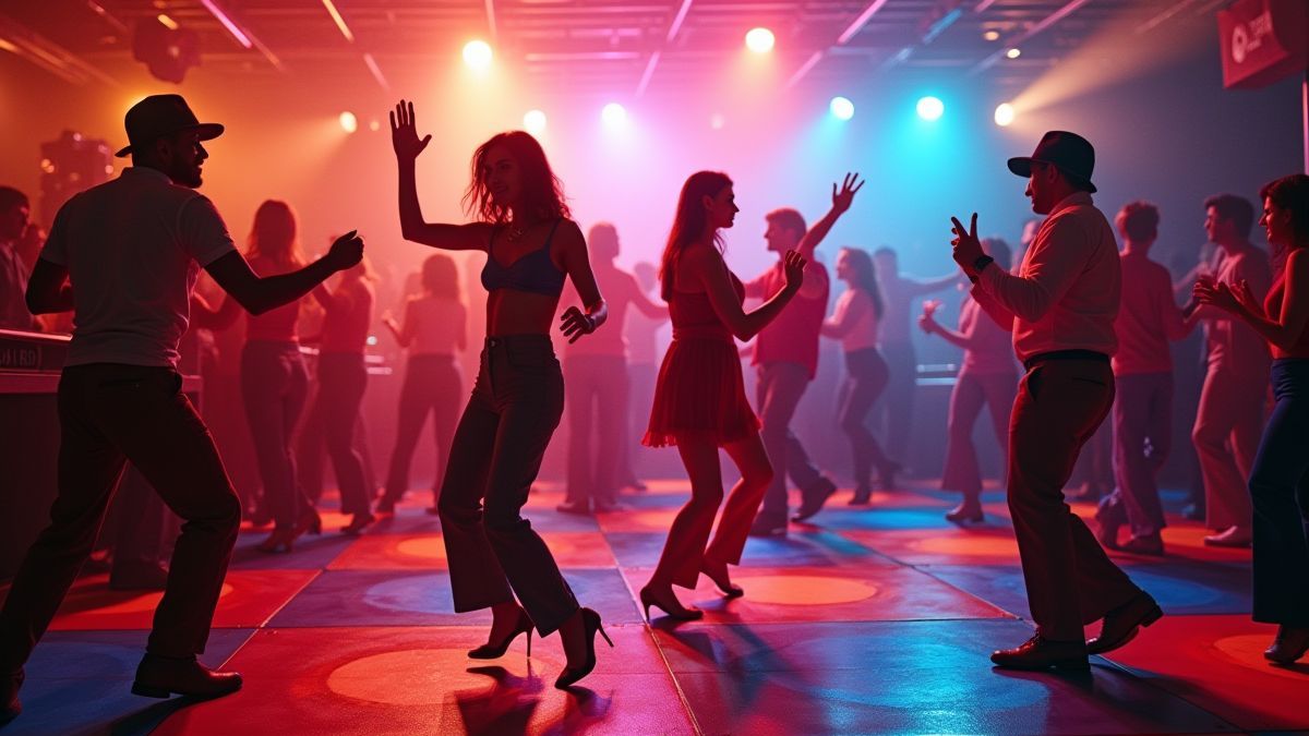 Uma pista de dança disco com luzes retrô e trajes clássicos dos anos 70.
