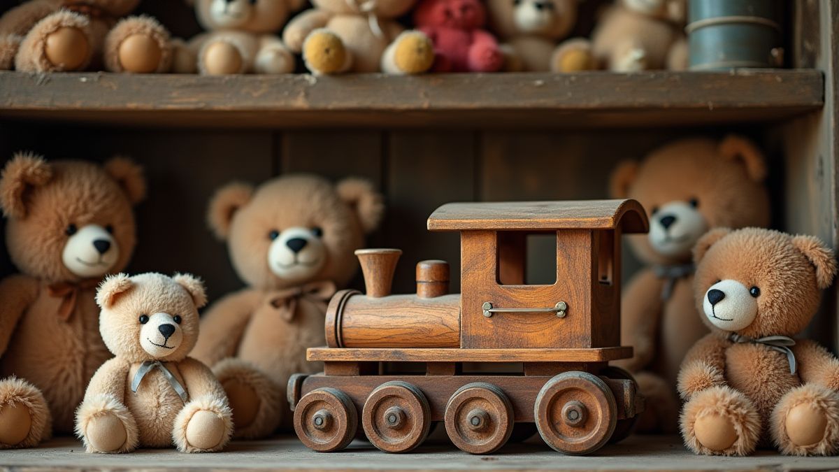 Ein Holzspielzeugzug umgeben von Teddybären und Puppen.