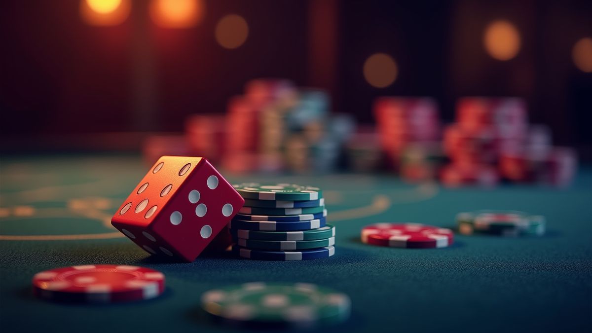 Jetons de casino et dés sur une table en velours.