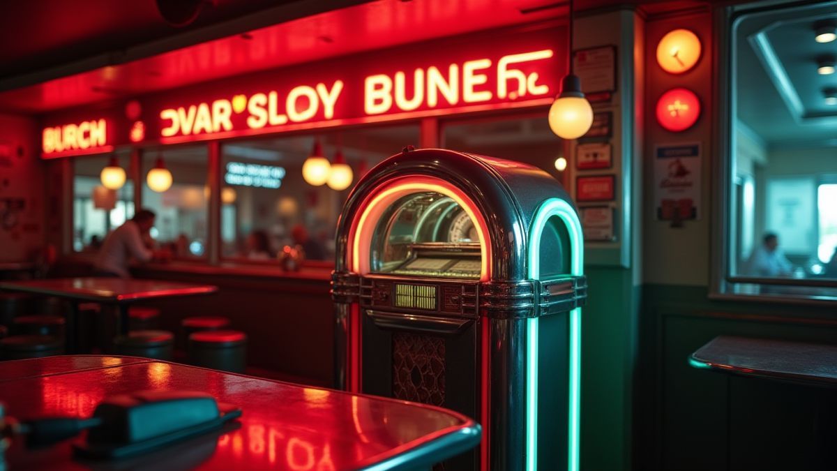 A jukebox surrounded by neon lights in a retro diner.
