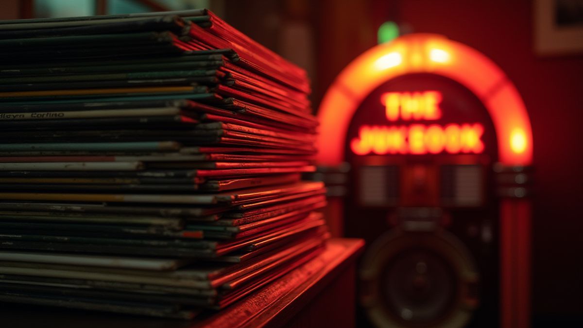 Vinyl records stacked next to a neon-lit jukebox.