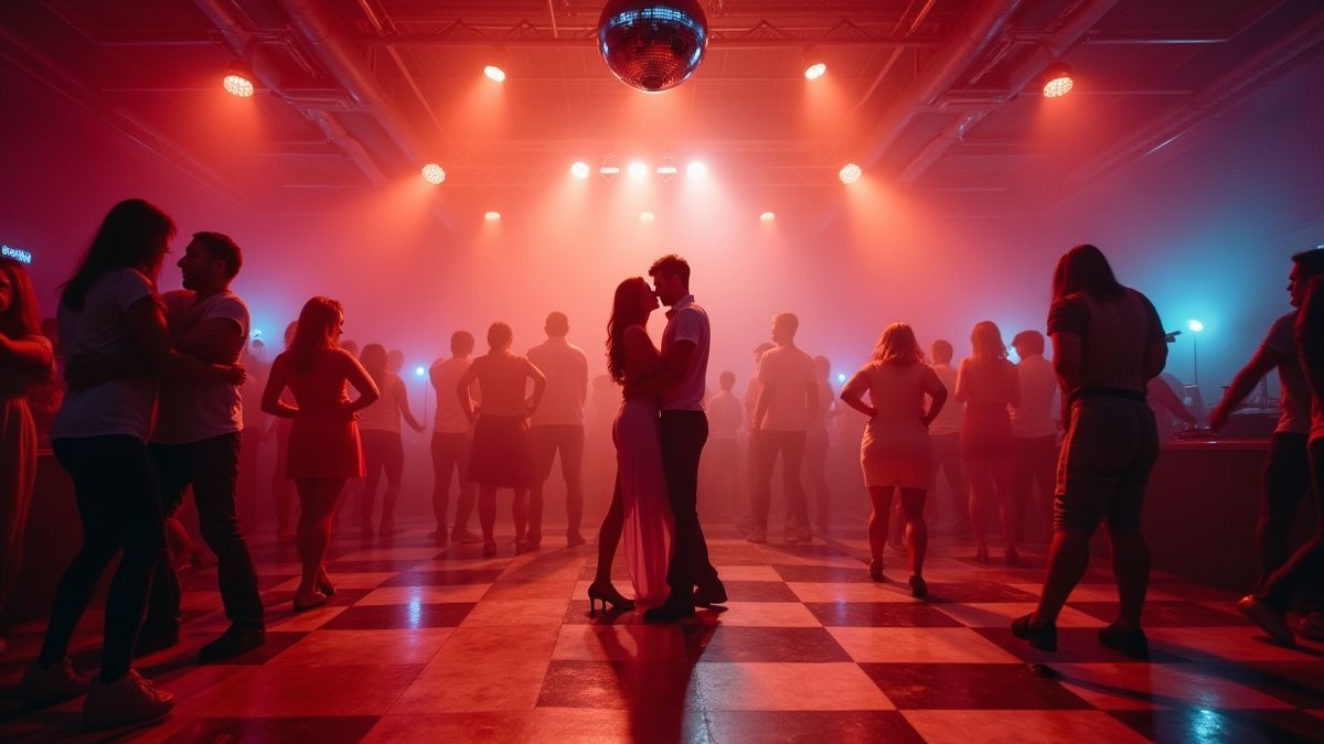 Una pista de baile retro con parejas bailando bajo una bola disco.