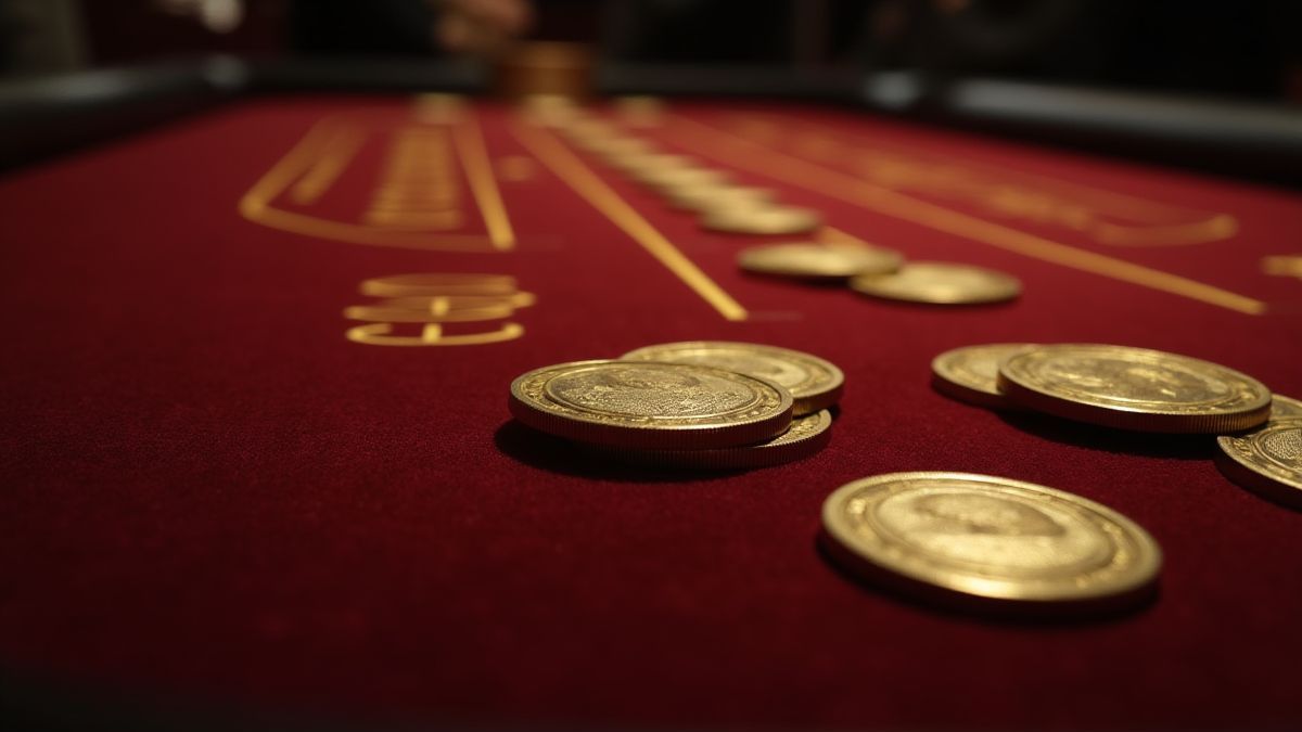 Blackjacktafel met details in fluweel en gouden fiches.
