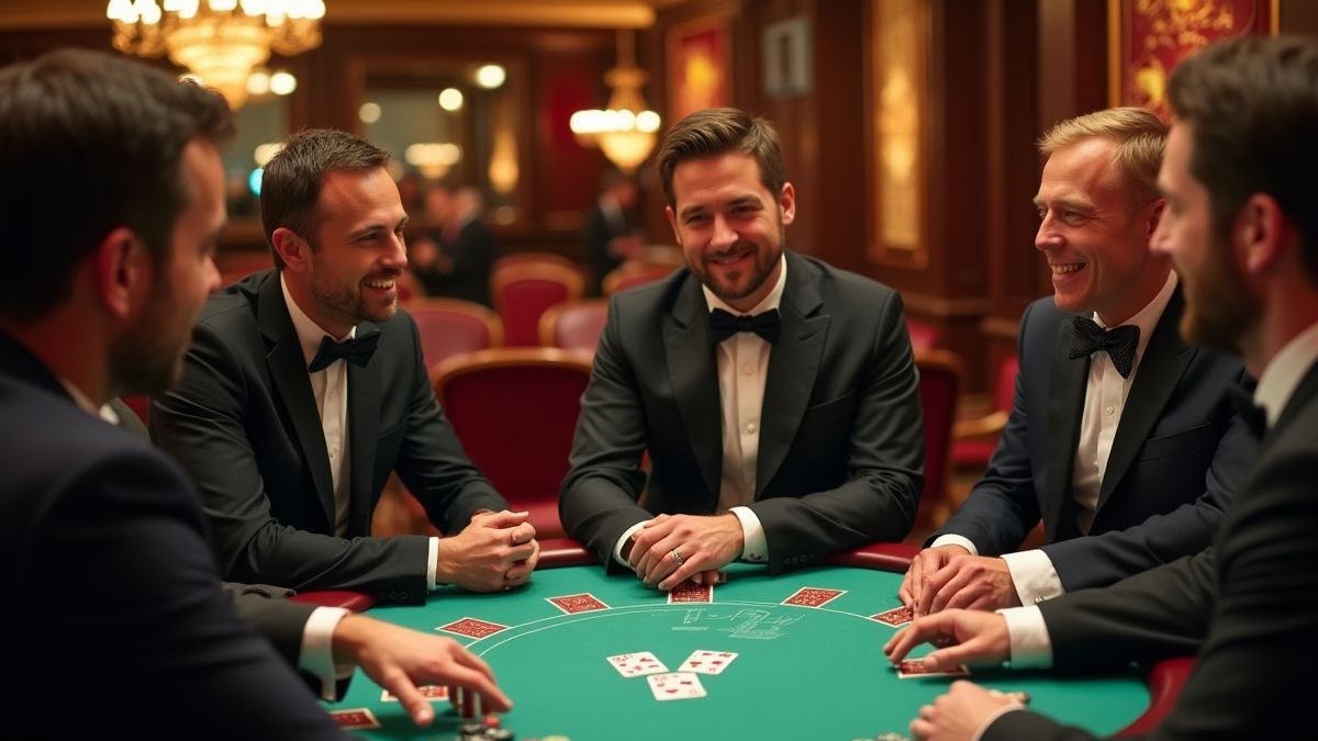 Elegante spelers die genieten van een blackjackpartij in een luxe casino.