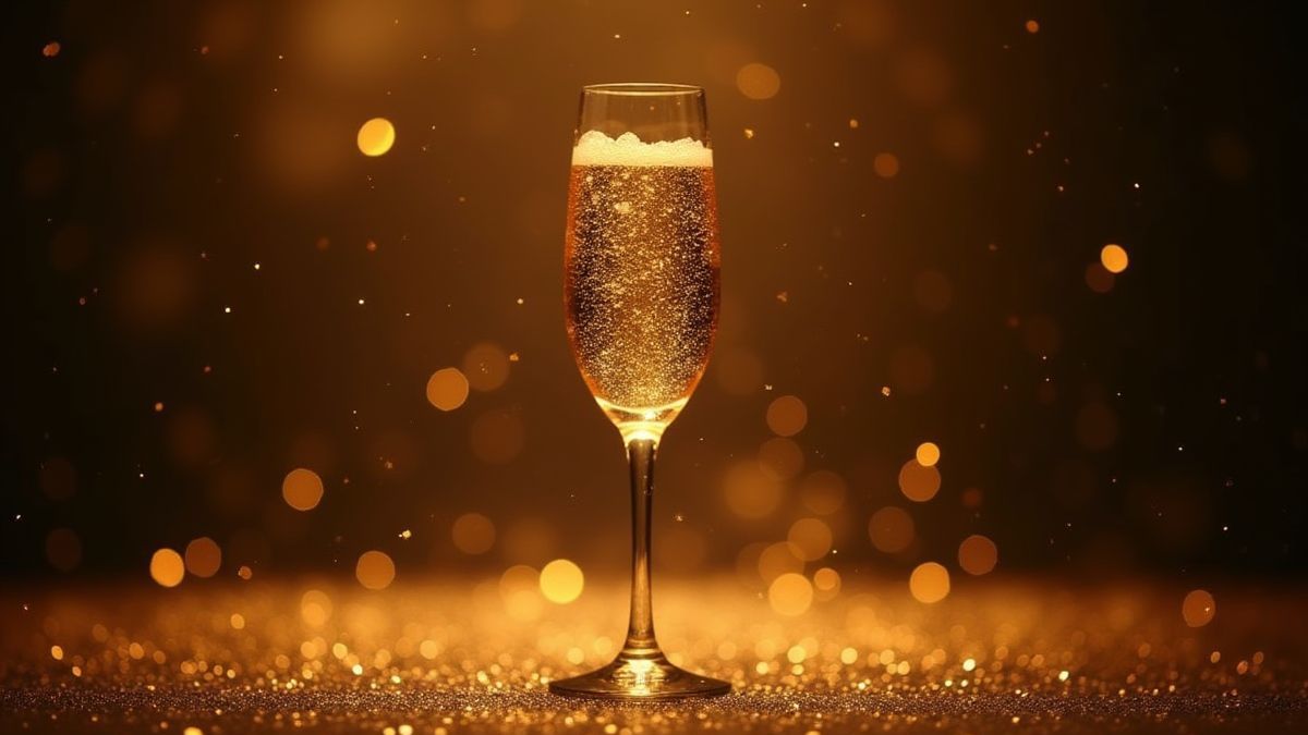 Une coupe de champagne entourée de reflets dorés.
