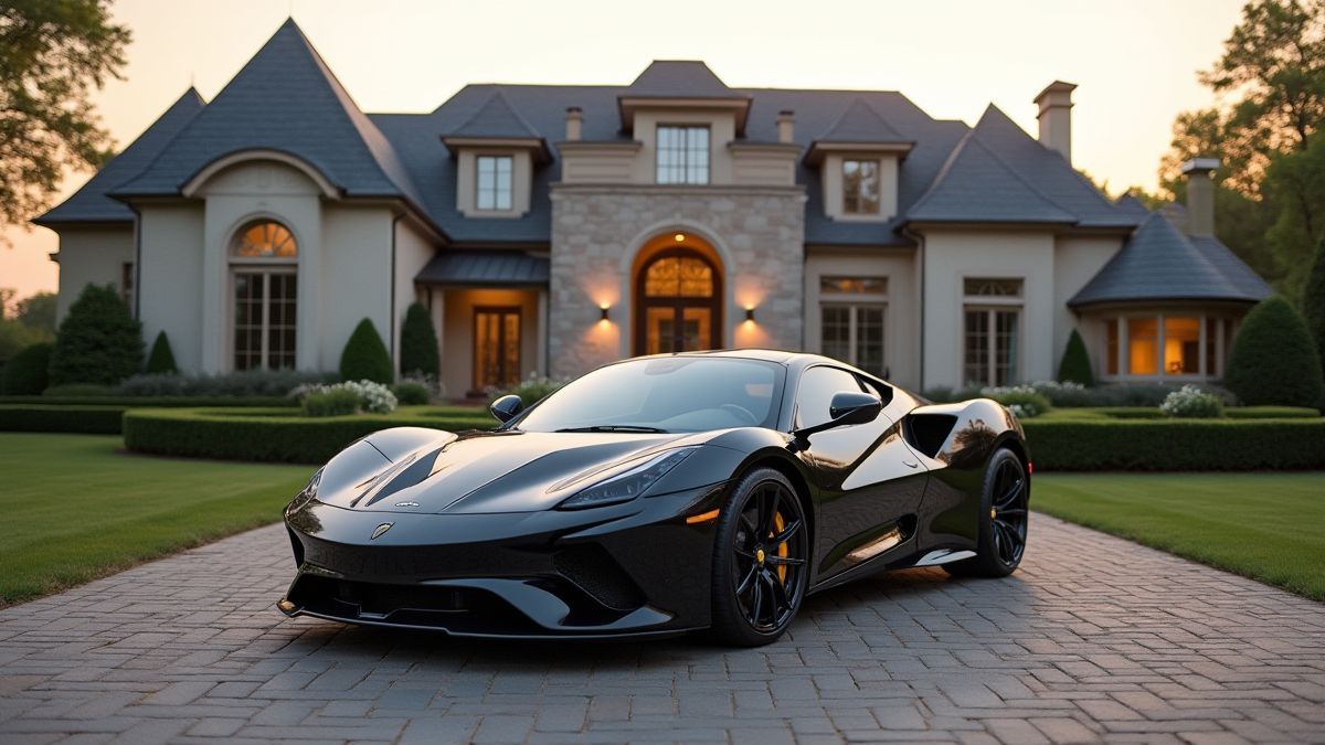 Une voiture de sport devant une somptueuse villa.