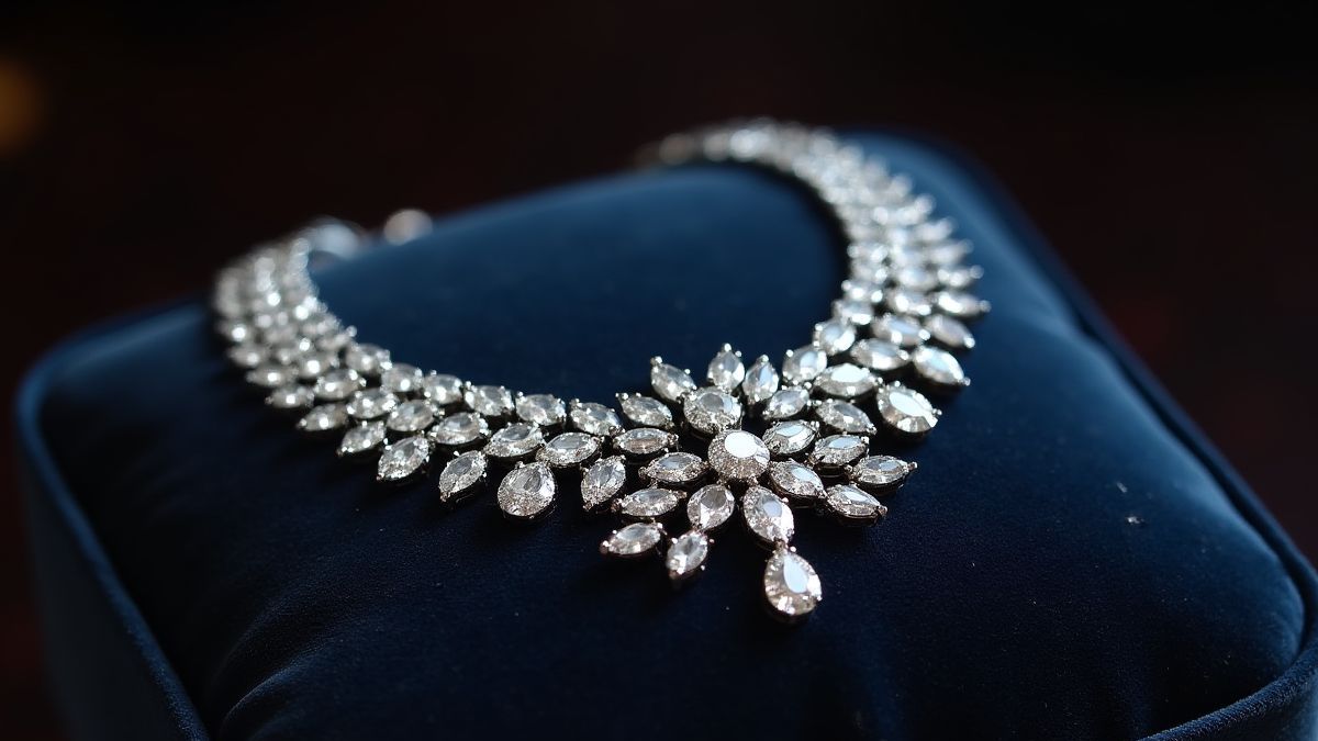 Un collier de diamants sur un coussin en velours.