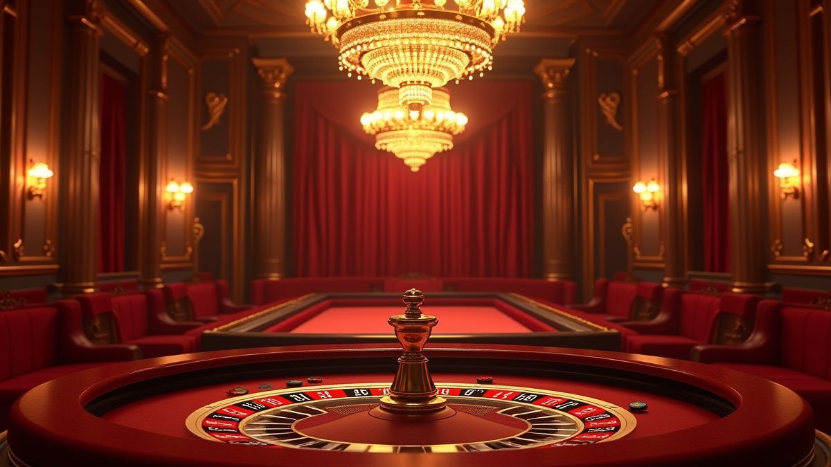 Interior of a luxurious casino with golden lamps, velvet seating, and a roulette table.