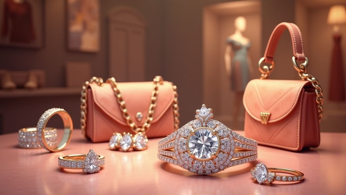 Anillos de diamantes y bolsos de lujo en una exhibición elegante.