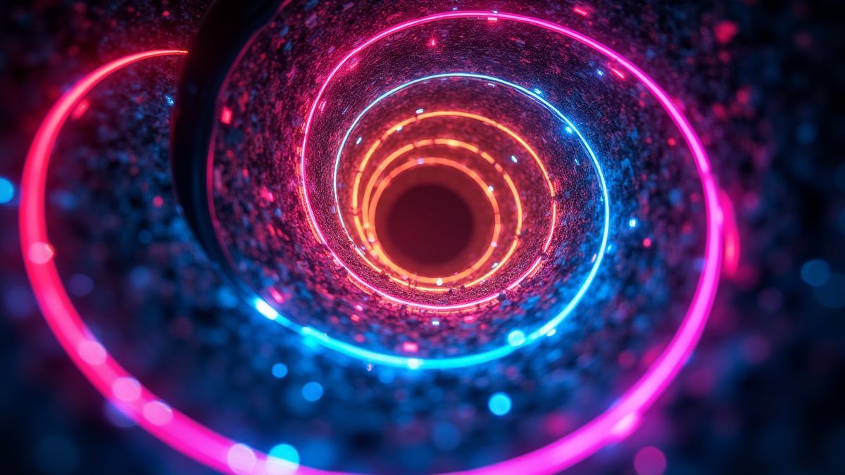 Eine lebendige Spirale mit leuchtenden Neonfarben vor einem dunklen Hintergrund.