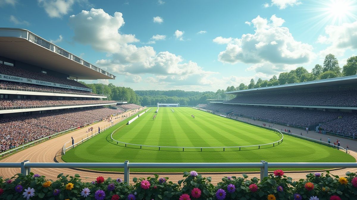 Virtual horse track with a statistics scoreboard on screen.