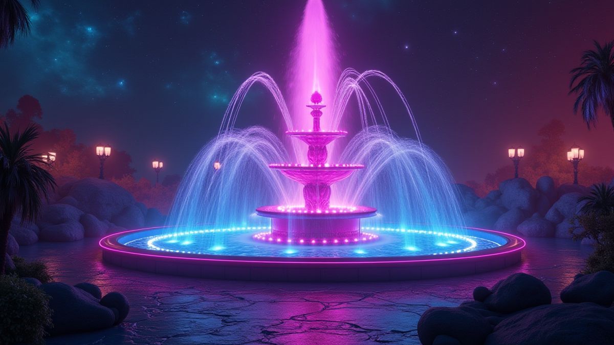 Fonte alienígena iluminada com luzes néon em um cenário cósmico.