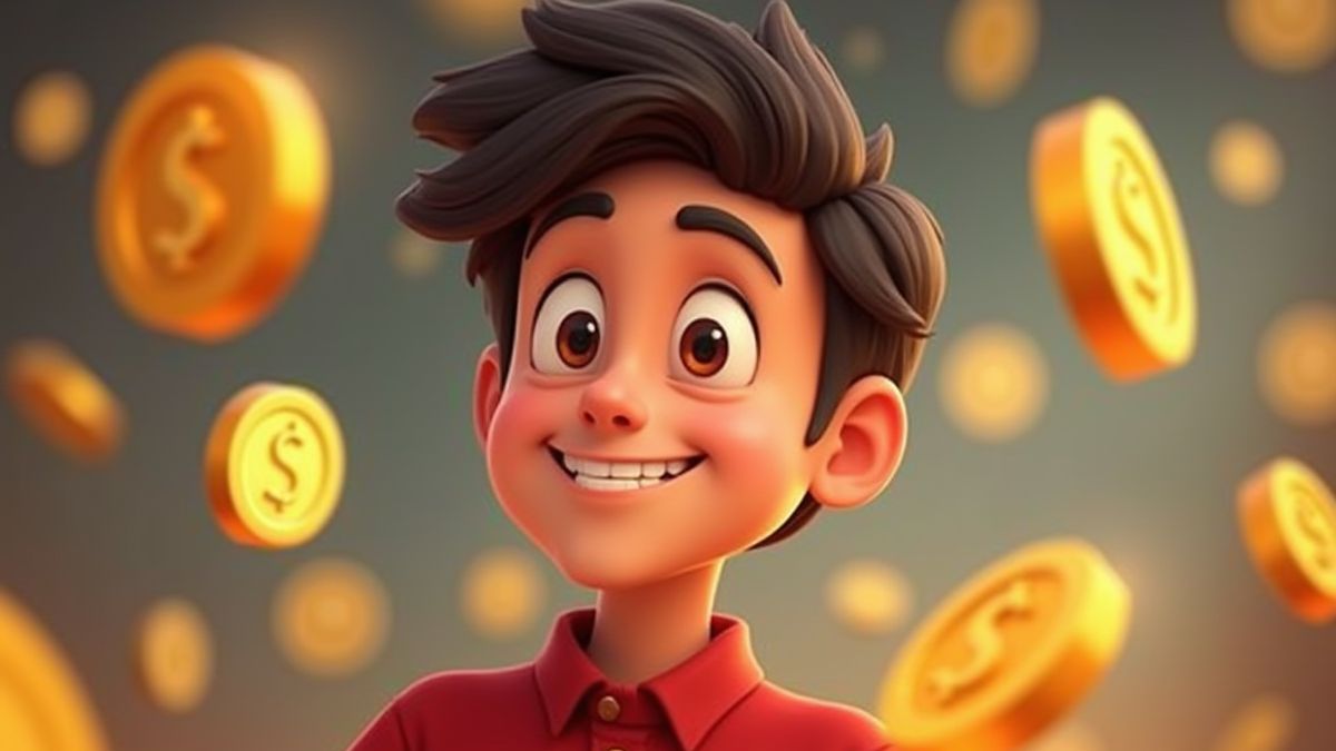 An animated player smiling as coins fall, symbolizing wins.