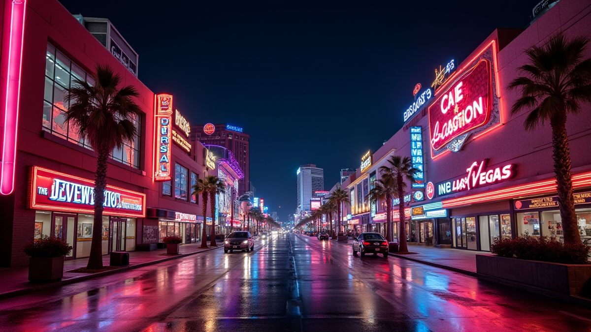 Lumières néon sur le Strip de Las Vegas la nuit.