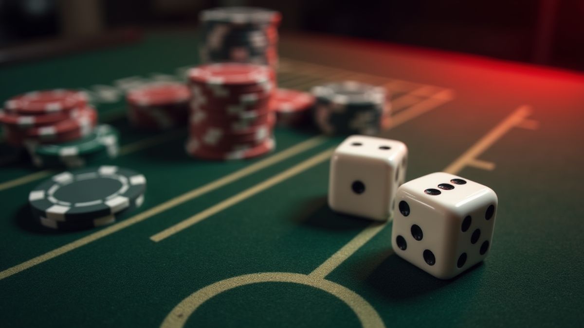 Dés et jetons de poker sur une table de casino.