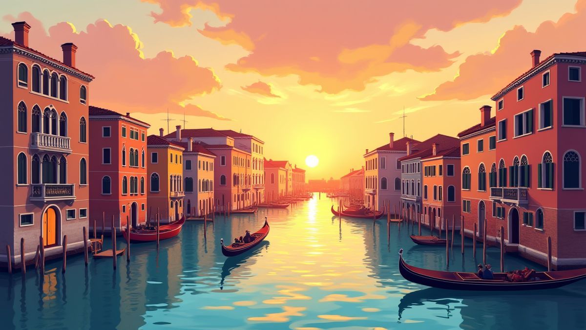 Canales de Venecia al atardecer con góndolas y edificios históricos.