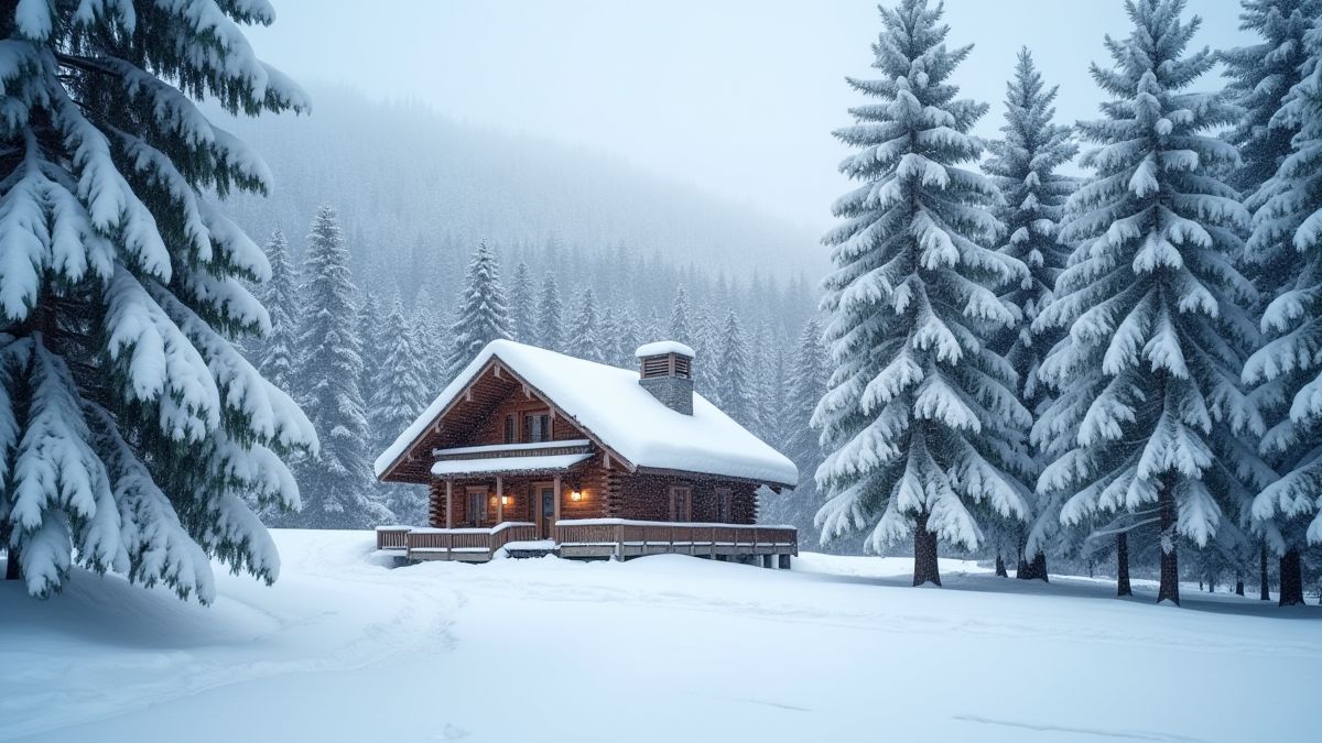 Paisaje de invierno con nieve y una cabaña acogedora.