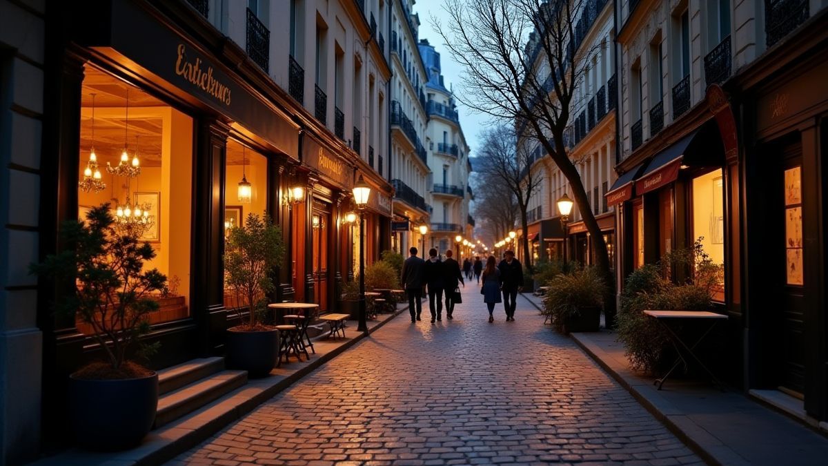 Une rue romantique de Paris au crépuscule avec un éclairage doux.
