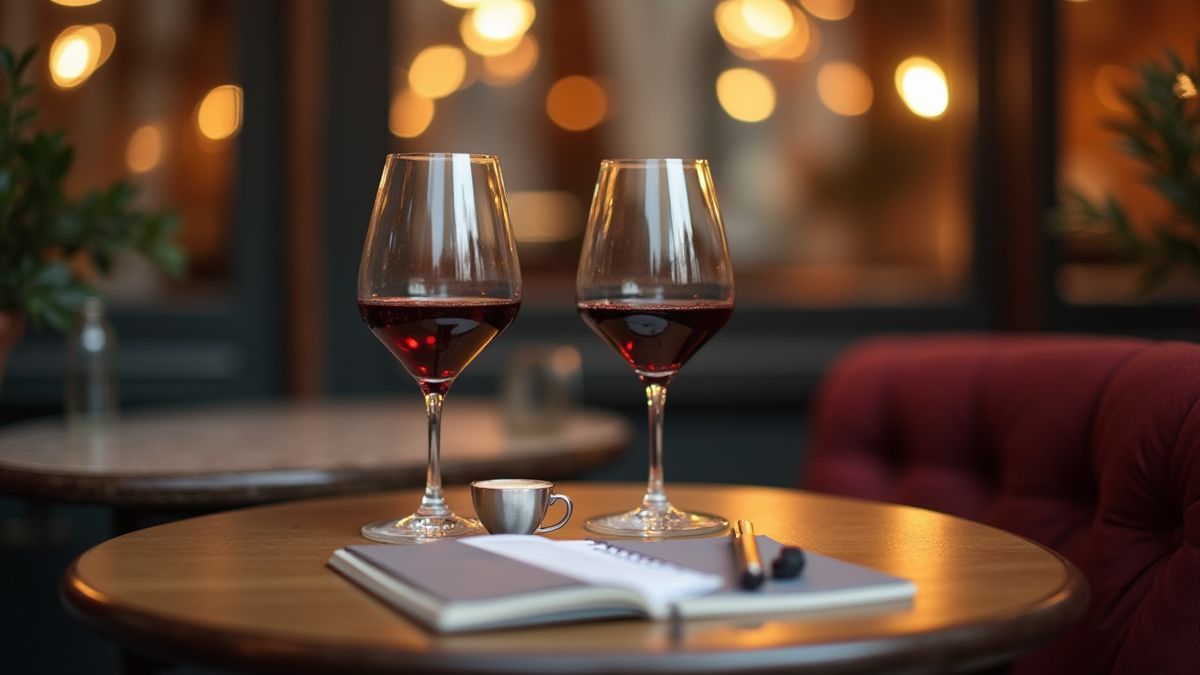 Table de café parisien avec des verres de vin et un carnet.