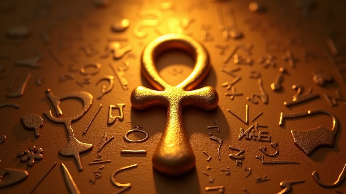 Ein goldener Ankh umgeben von alten Hieroglyphen.