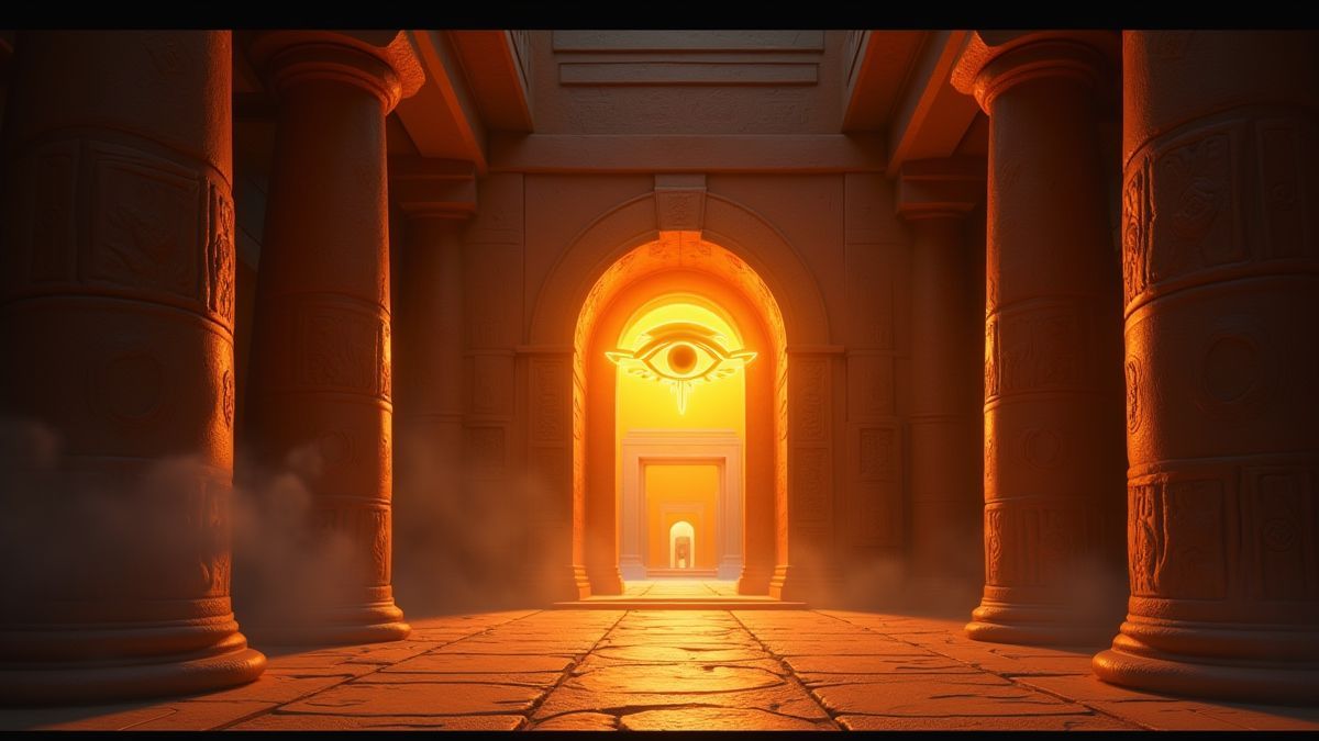 Das Auge des Horus leuchtet in einem mystischen Tempel.