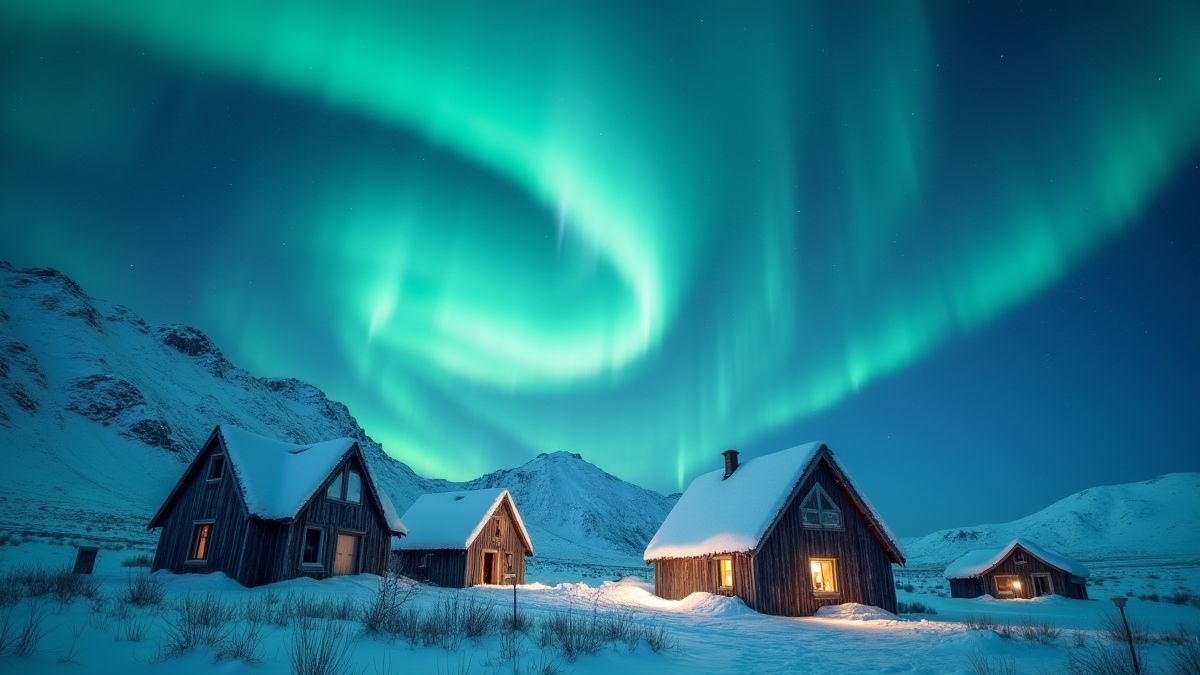 Snow-covered Viking village with northern lights.