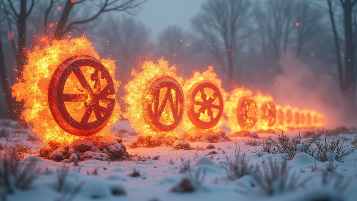 Symbols exploding in a snowy battlefield with fire effects.