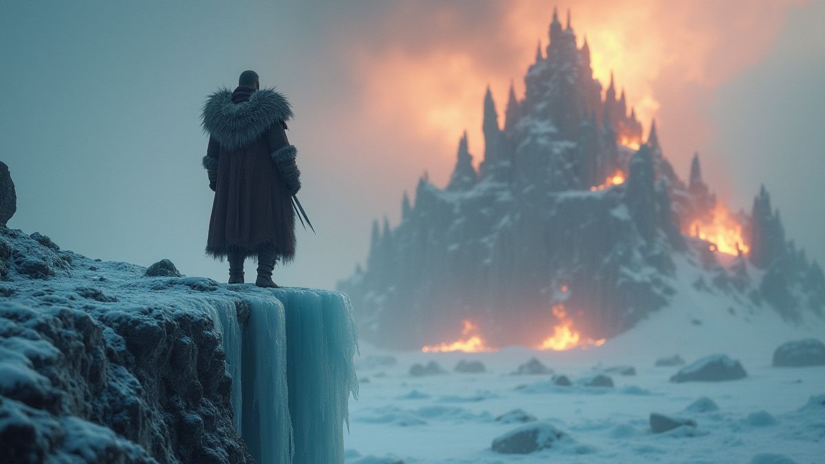 Viking warrior on an icy cliff with fire in the background.